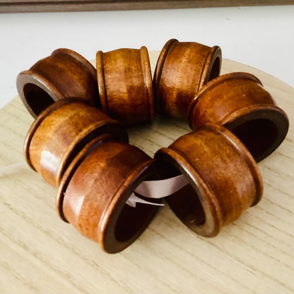 Vintage Wooden Brown Napkin Rings MCM Rustic Cottagecore Set Of 7 Entertaining
